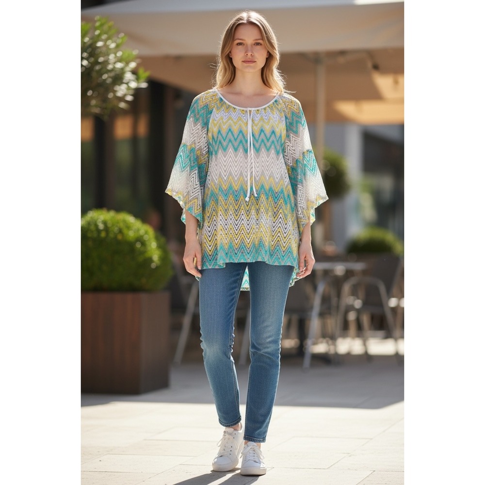 Tacera Womens Large Chevron Crochet Knit Tunic Top Bell Sleeve Teal Yellow Boho